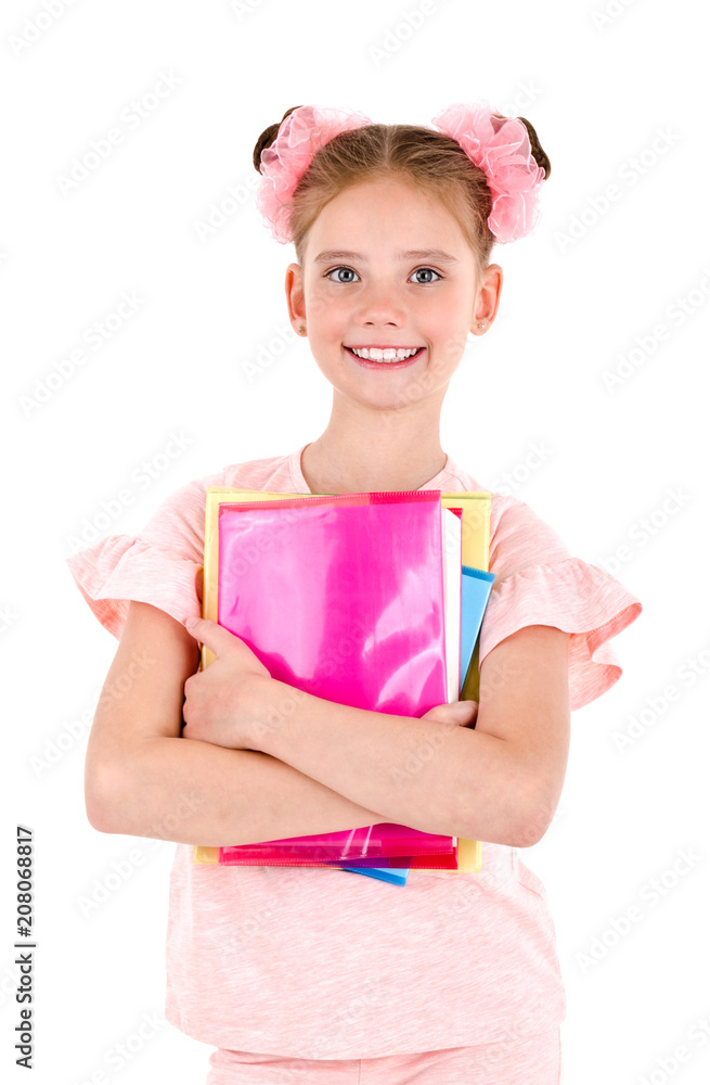 Portrait of smiling happy school girl child with books isolated on a white background Portrait of smiling happy school girl child with books isolated on a white background