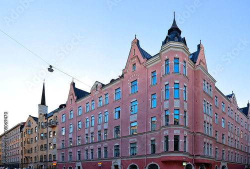 blue sky with moon, colorful old buildings and architecture in Helsinki, Finland