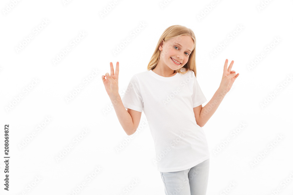 Pretty cute girl standing isolated make peace gesture. Pretty cute girl standing isolated make peace gesture.