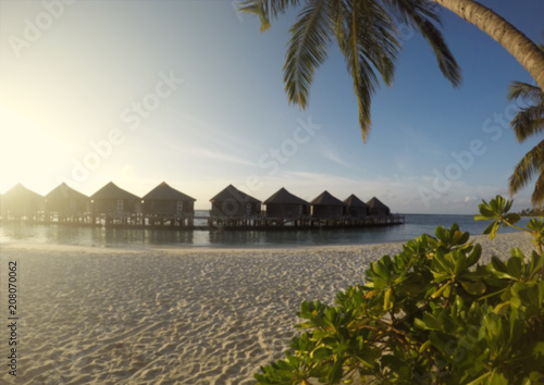 Tropical Beach Paradise. Island Of Maldives in Indian Ocean Blurred Background