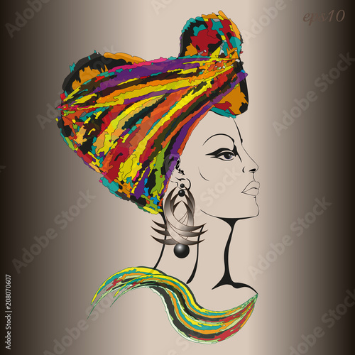 Woman in ethnic headgear
Portrait of a woman in the profile of a gavel is shrouded in a bright cloth earring in the ear drawing in modern style author design vector
