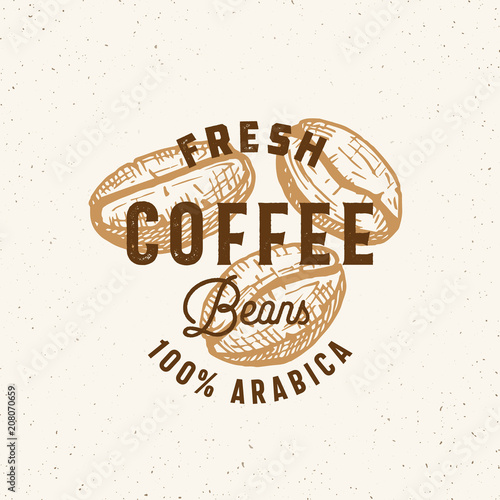 Fresh Arabica Coffee Beans Abstract Vector Sign, Symbol or Logo Template. Hand Drawn Coffee Beans with Premium Vintage Typography and Shabby Texture Background. Stylish Classy Vector Emblem Concept.