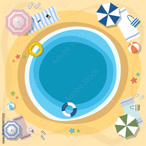 Sea and beach, view from above and umbrellas located in a circle.