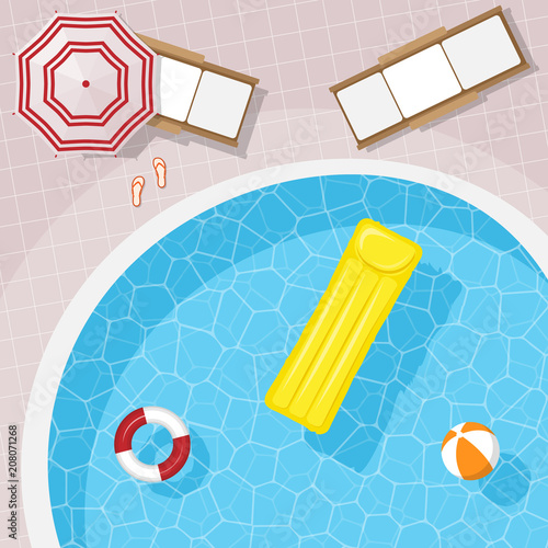 Top view of a round pool, with sun loungers. Vacation.