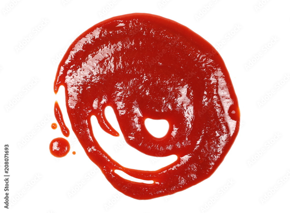Red ketchup spread, puddle isolated on white background, tomato pure