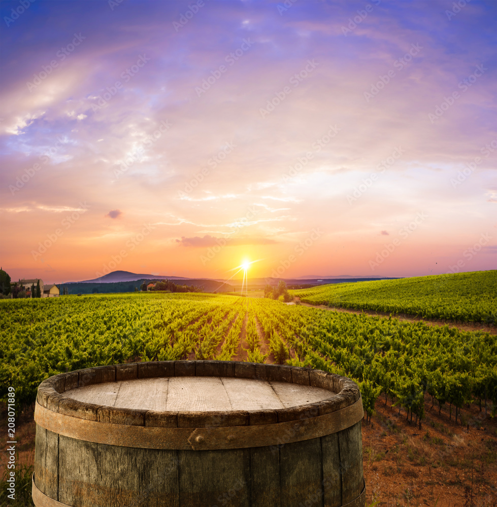 Red wine with barrel on vineyard in green Tuscany, Italy