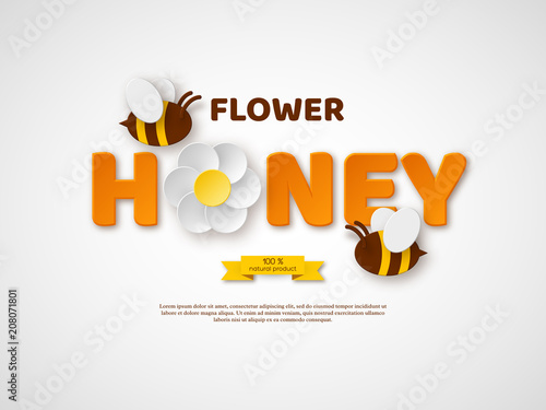 Flower honey typographic design. Paper cut style letters, flower and bees. Template design for beekiping and honey product. White background, vector illustration.