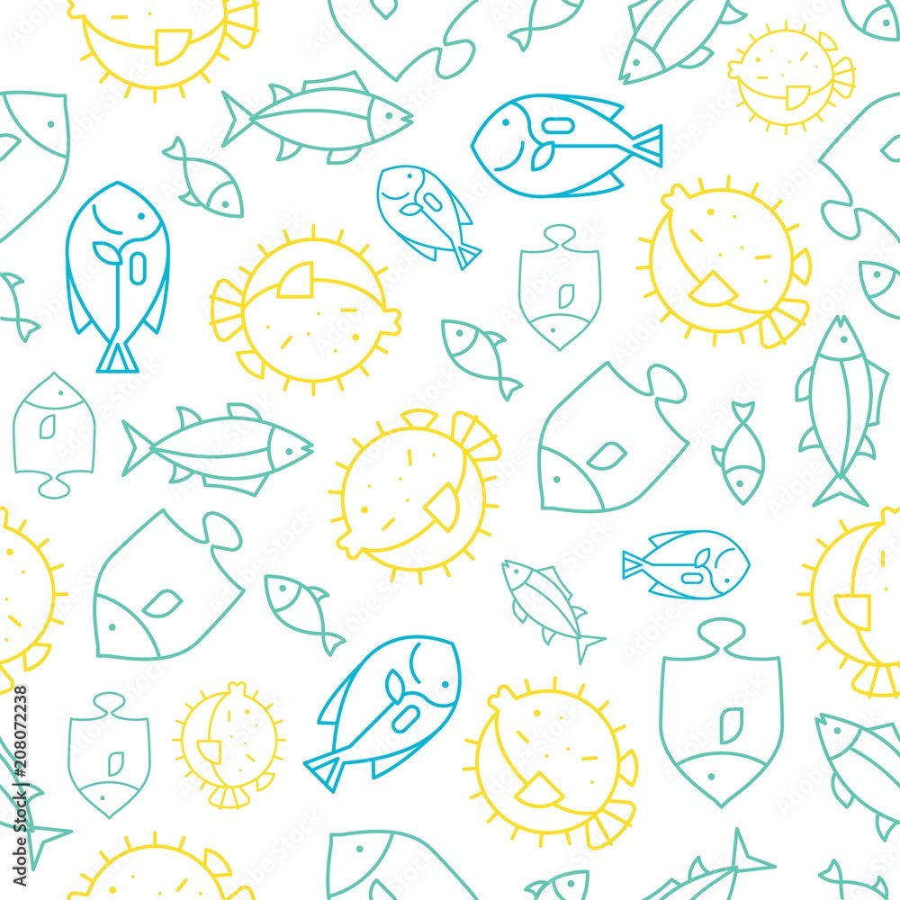 Seamless pattern tropical fish outline, summer theme
