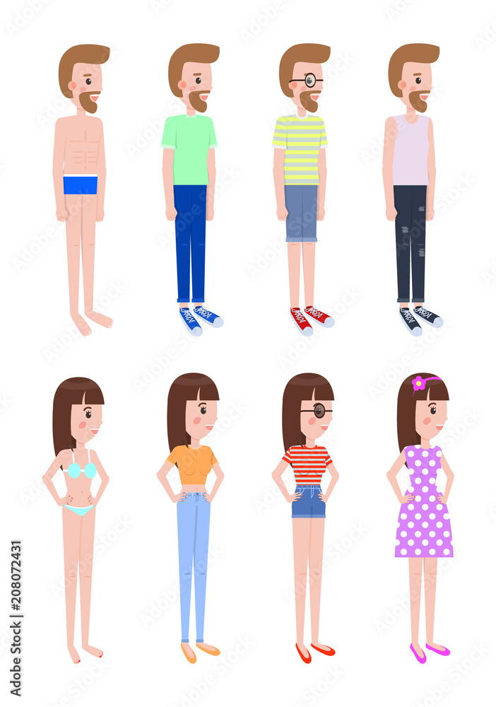 Fototapeta premium Girl and Guy in Summer Clothes Stands in Profile