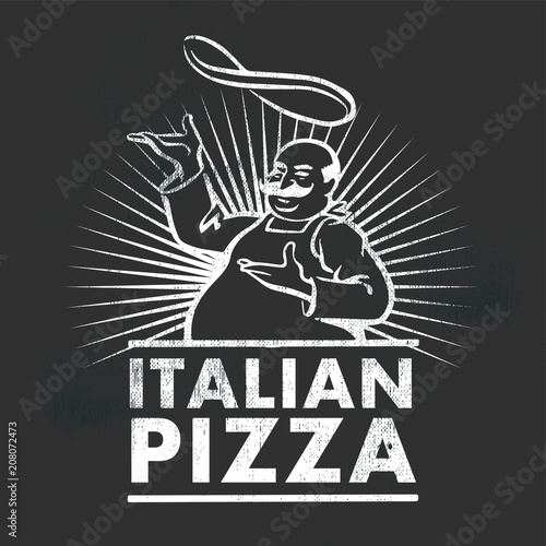 Italian pizza chef. Retro vector illustration on black background.