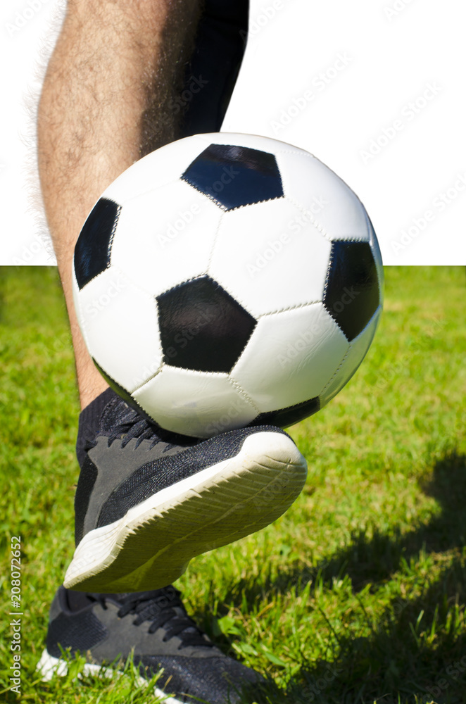 The man's leg in sneakers and soccer ball isolated white background with copy space use for sport and athletic topic