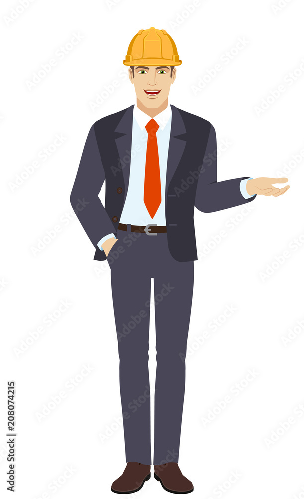 Businessman in construction helmet with hand in pocket gesticulating