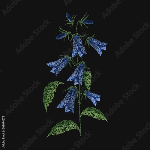 Bellflower embroidered with blue and green threads on black background. Gorgeous embroidery design with wild blooming flower or meadow flowering herb. Handiwork or handicraft. Vector illustration.