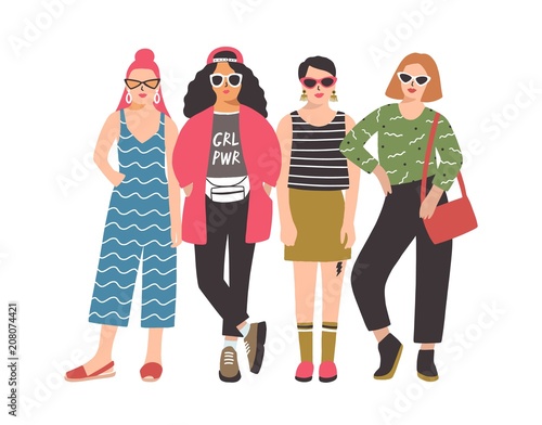 Four young women or girls wearing stylish clothing standing together. Group of female friend, feminists or feminism activists. Cartoon characters isolated on white background. Vector illustration.
