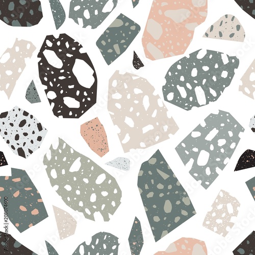 Modern terrazzo texture. Seamless pattern with colored stone fractions or pie...