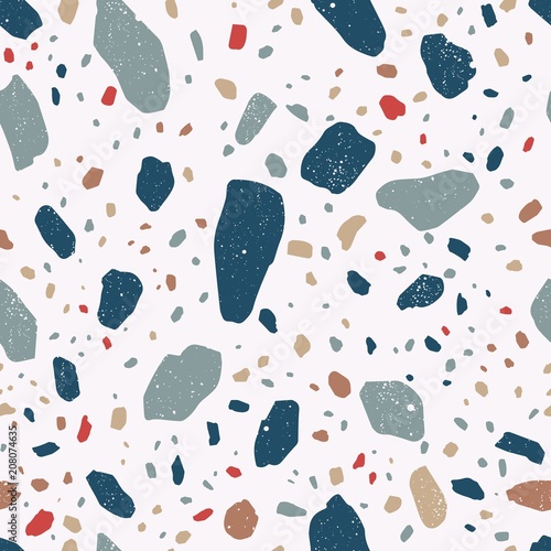 Decorative terrazzo texture. Seamless pattern with colorful mineral rock frag...