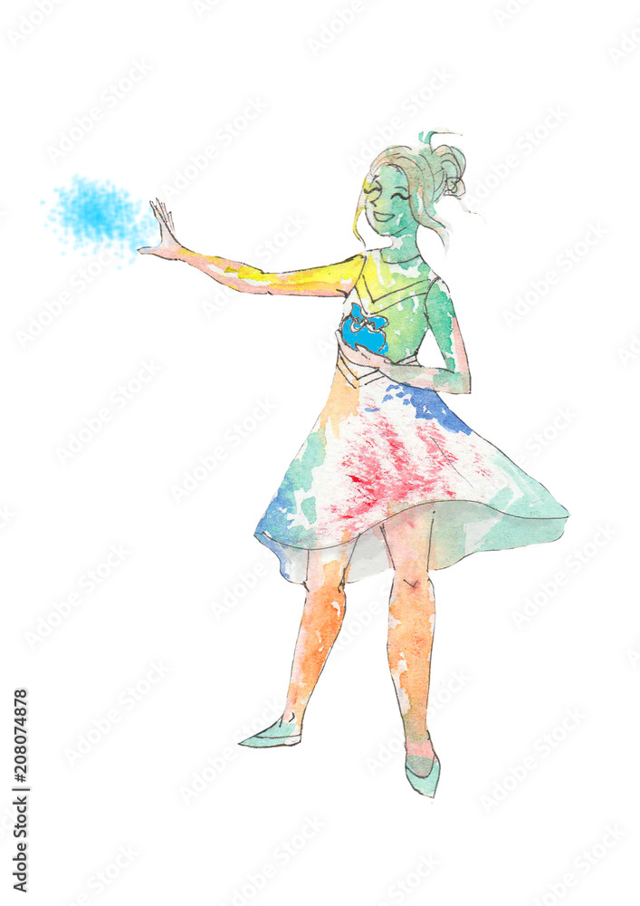 Watercolor the girl on the festival Holi Watercolor the girl on the festival Holi