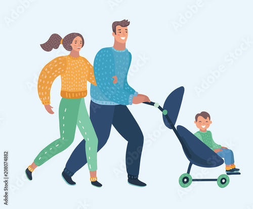 Young mother and baby stroller. 