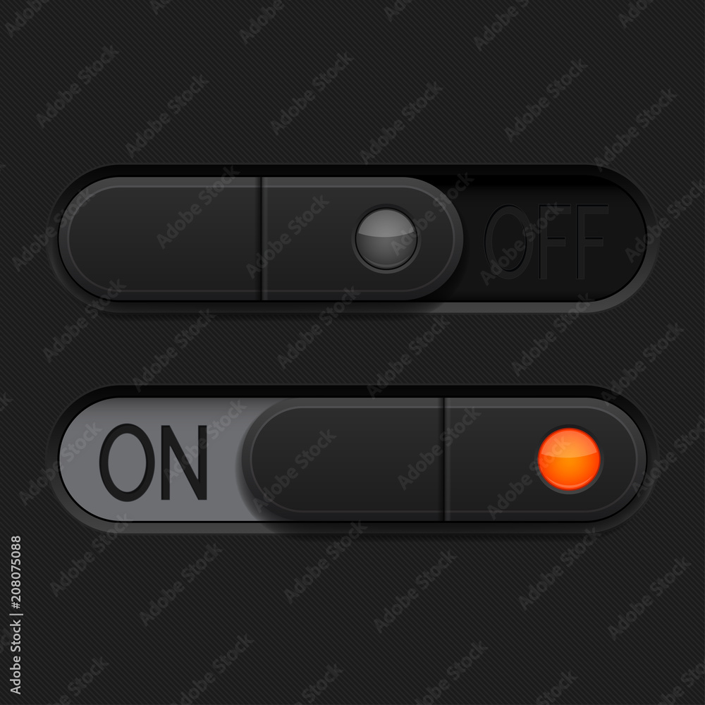 Fototapeta premium On and Off toggle switch buttons. Black 3d oval icons with orange element