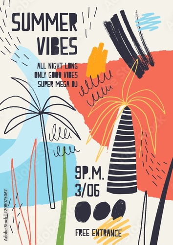 Colorful invitation or poster template decorated with tropical palm trees, pa...