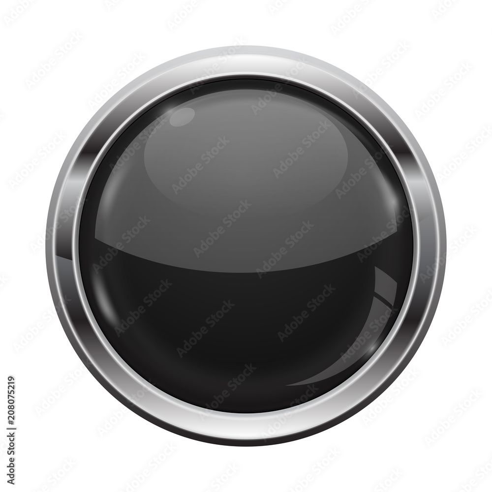 Black button with chrome frame. Round glass shiny 3d icon Black button with chrome frame. Round glass shiny 3d icon