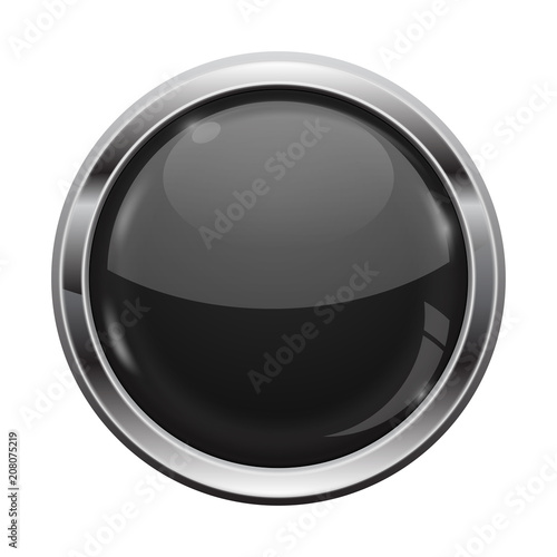 Free Download Black button with chrome frame. Round glass shiny 3d icon - GFXLoad