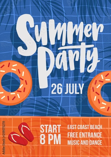Modern flyer or poster template for summer open air party with swimming pool, swim rings, shadows of palm trees and flip flops and place for text. Vector illustration for seasonal event promotion.