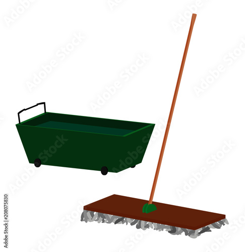 Trolley water cleanser container and mop cleaning equipment vector illustration 