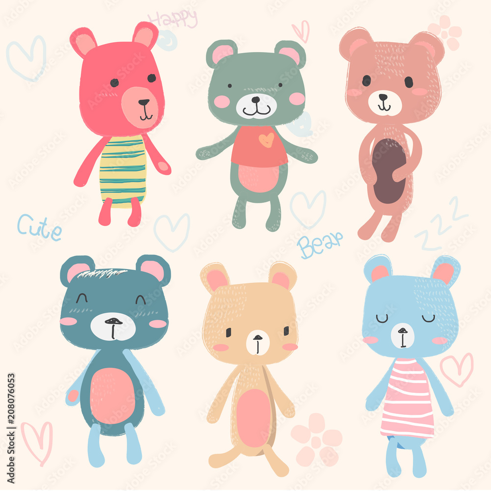 vector set of cute teddy bears cartoon character hand drawing in ...
