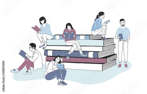 Male and female readers dressed in stylish clothes sitting on pile of giant books or beside it and reading. Studying students or literature fans. Colored vector illustration in modern style.