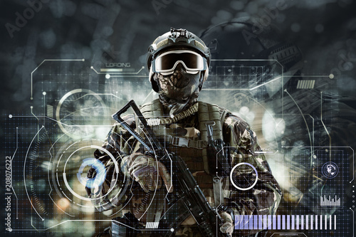 Soldier special forces with weapons in their hands on a futuristic background.  Military concept of the future. photo