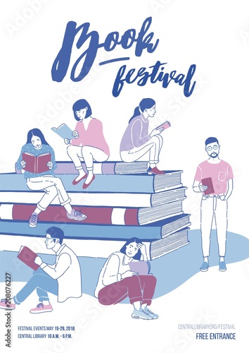 Poster, flyer or invitation template for literary festival with young people dressed in trendy clothes sitting on stack of giant books and reading. Vector illustration for event advertisement, promo.