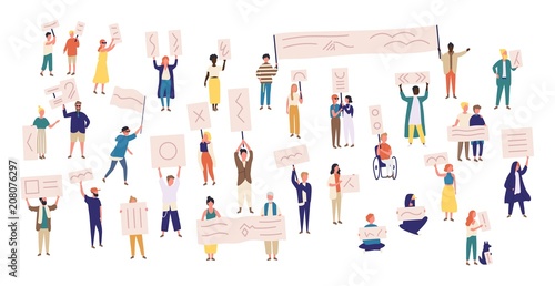 Crowd of protesting people holding banners and placards. Men and women taking part in political meeting, parade or rally. Group of male and female protesters or activists. Vector illustration.