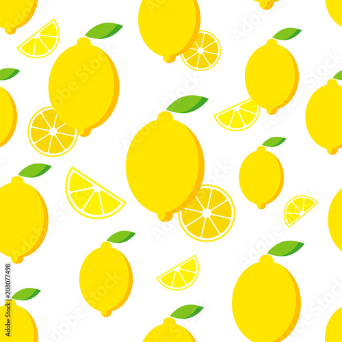 Seamless pattern with lemon. Lemons on white background. Cute cartoon. Summer garden. Lemon jam. Vector illustration. Textile rapport.