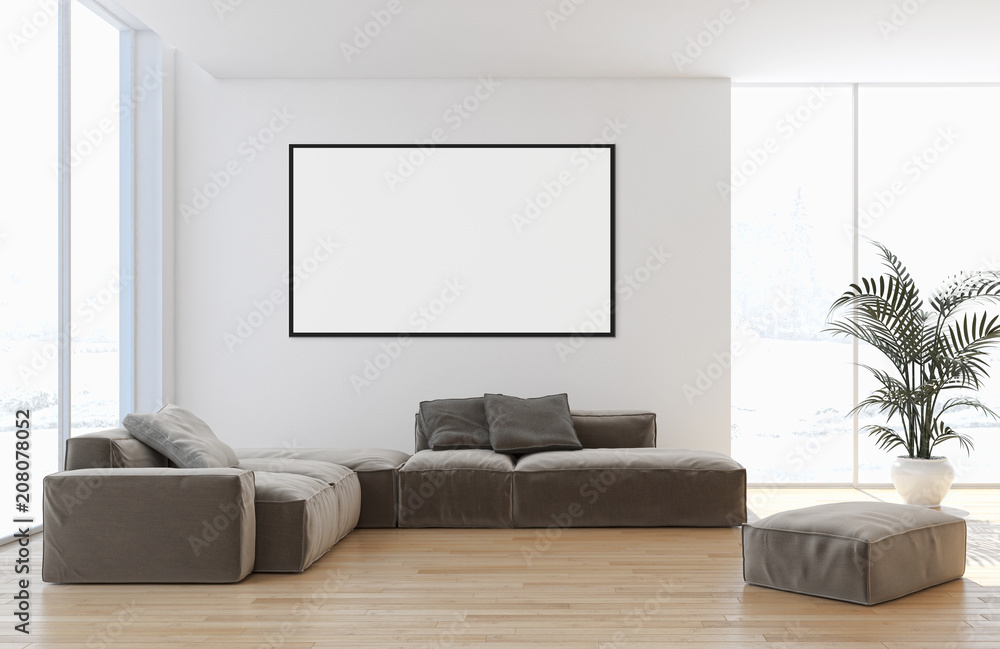 Modern bright interiors apartment with mockup poster frame 3D rendering illustration Modern bright interiors apartment with mockup poster frame 3D rendering illustration