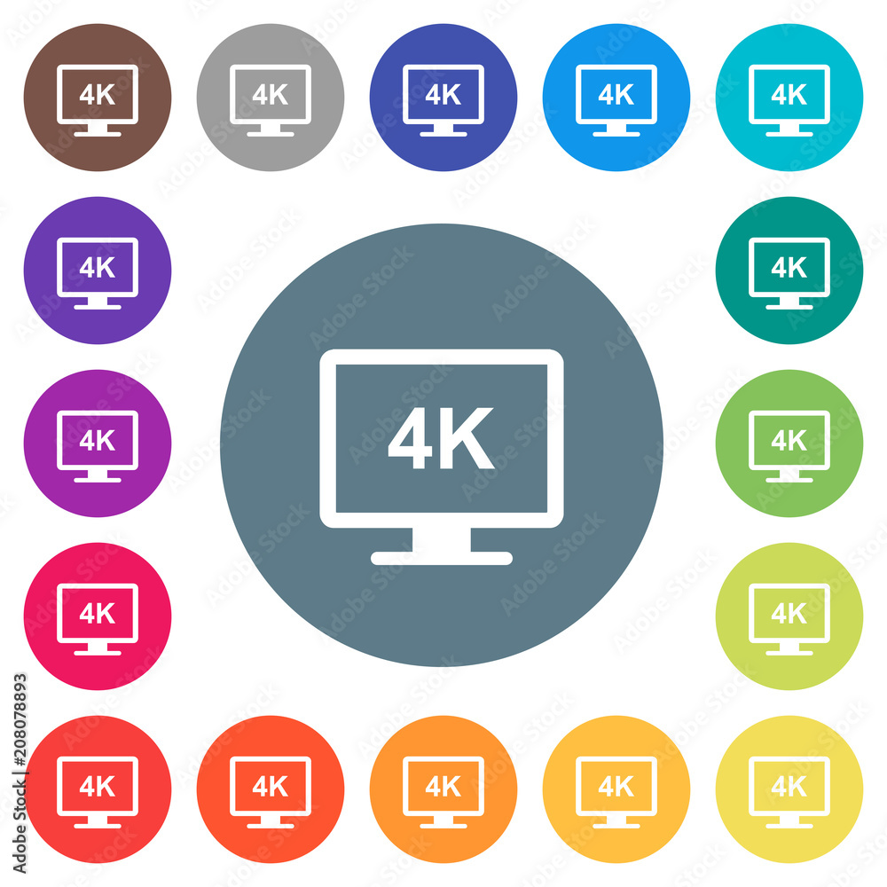 4K display flat white icons on round color backgrounds