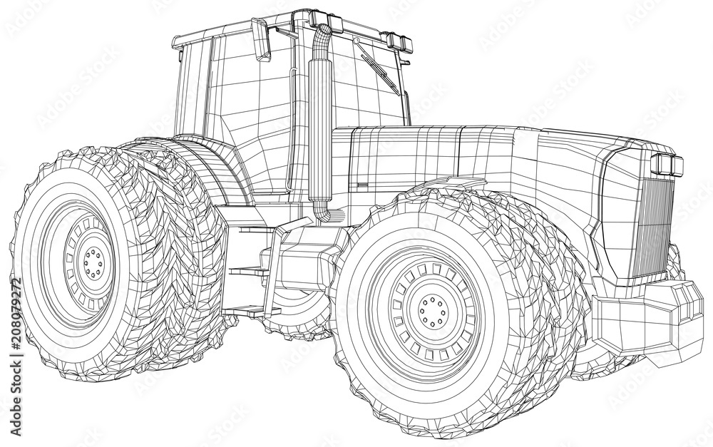 Wire-frame tractor isolated on white background. Tracing illustration of 3d.