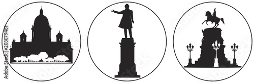 Saint-Petersburg Russian landmark vector icon set 2, Saint Isaac's Cathedral, famous Russian poet Alexander Pushkin monument, Emperor Nicholas I monument 