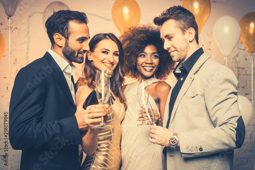 Sticker Man, on new year or birthday party opening bottle of champagne together with his