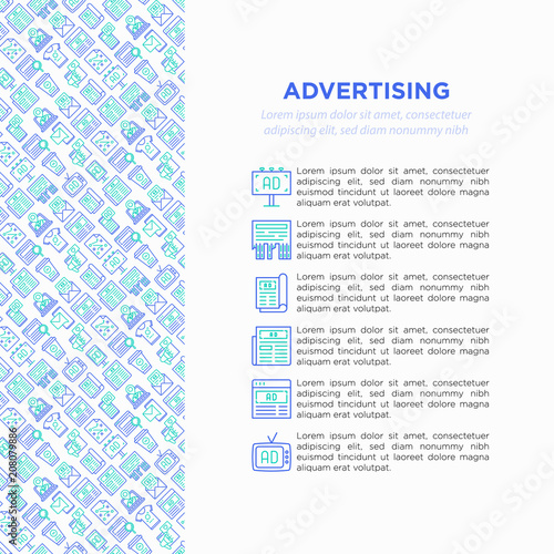 Advertising concept with thin line icons: billboard, street ads, newspaper, magazine, product promotion, email, GEO targeting, custom shirt, internet, banner. Vector illustration, web page template.