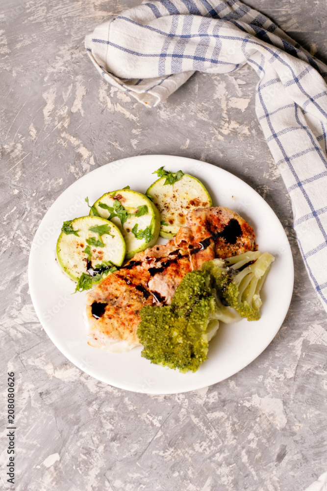 chicken with broccoli and zucchini with spices and herbs on a white plate chicken with broccoli and zucchini with spices and herbs on a white plate