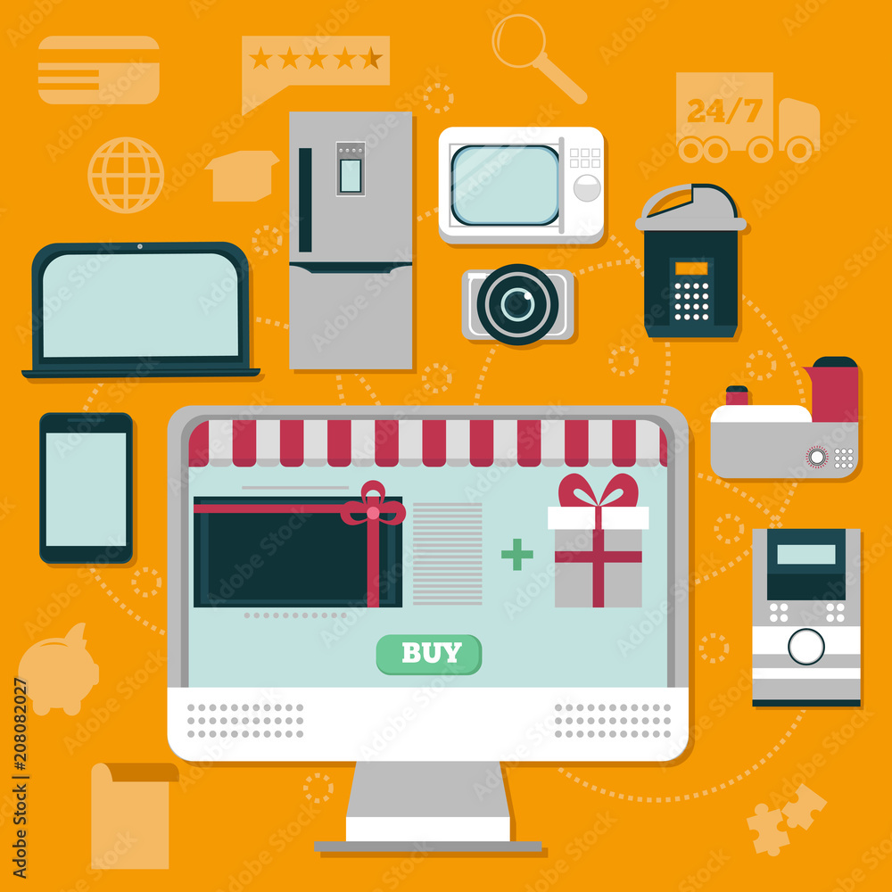 Online shoping home technical devices on pc screen. Online supermarket vector concept. Set of flat design concept icons for web marketing. Online shoping home technical devices on pc screen. Online supermarket vector concept. Set of flat design concept icons for web marketing.