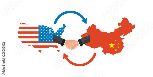 Two businesspeople handshake after good deal. US America and China flags on map. USA and China trade relations, cooperation strategy.