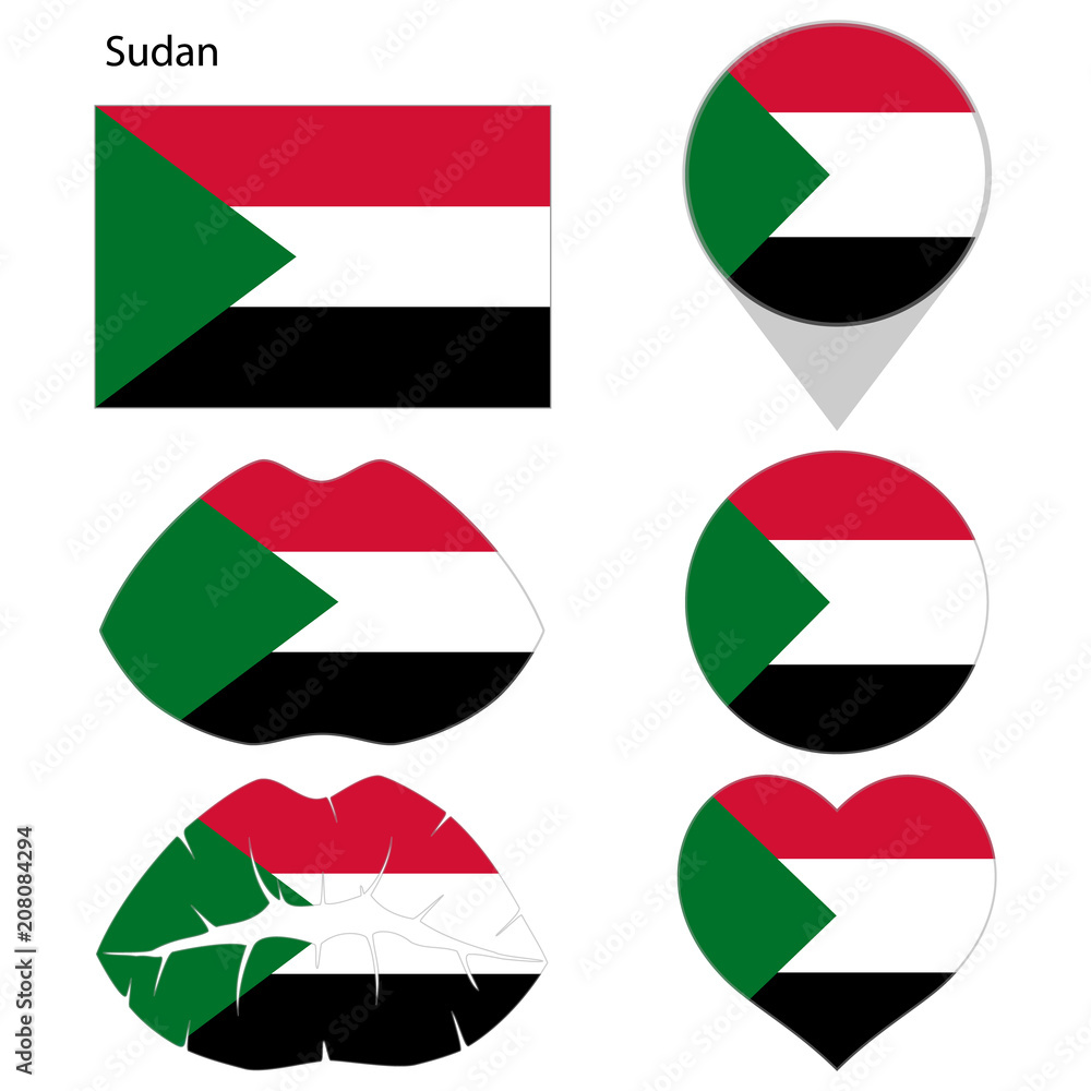 Flag of Sudan, set. Correct proportions, lips, imprint of kiss, map pointer, heart, icon. Abstract concept. Vector illustration on white background. Flag of Sudan, set. Correct proportions, lips, imprint of kiss, map pointer, heart, icon. Abstract concept. Vector illustration on white background.