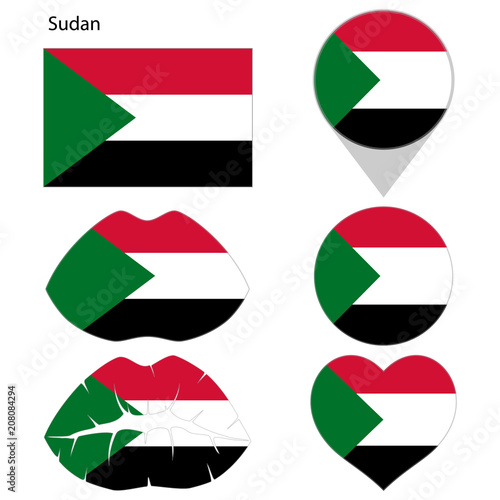 Free Download Flag of Sudan, set. Correct proportions, lips, imprint of kiss, map pointer, heart, icon. Abstract concept. Vector illustration on white background. - GFXLoad