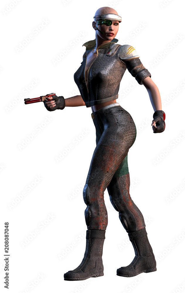 futuristic warrior woman with gun, 3d illustration