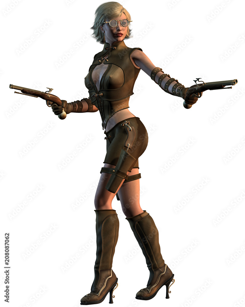 steampunk warrior woman, armed with gun, 3d illustration steampunk warrior woman, armed with gun, 3d illustration