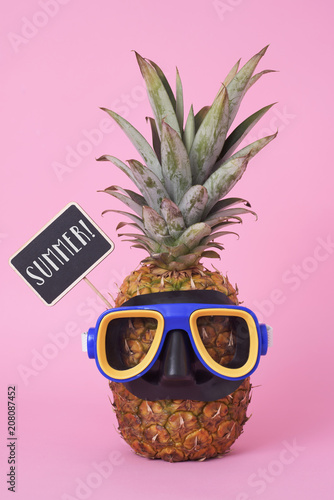 pineapple with a diving mask and word summer