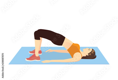 Woman doing exercise with Hip lift for firming her body. Illustration about butt workout.
