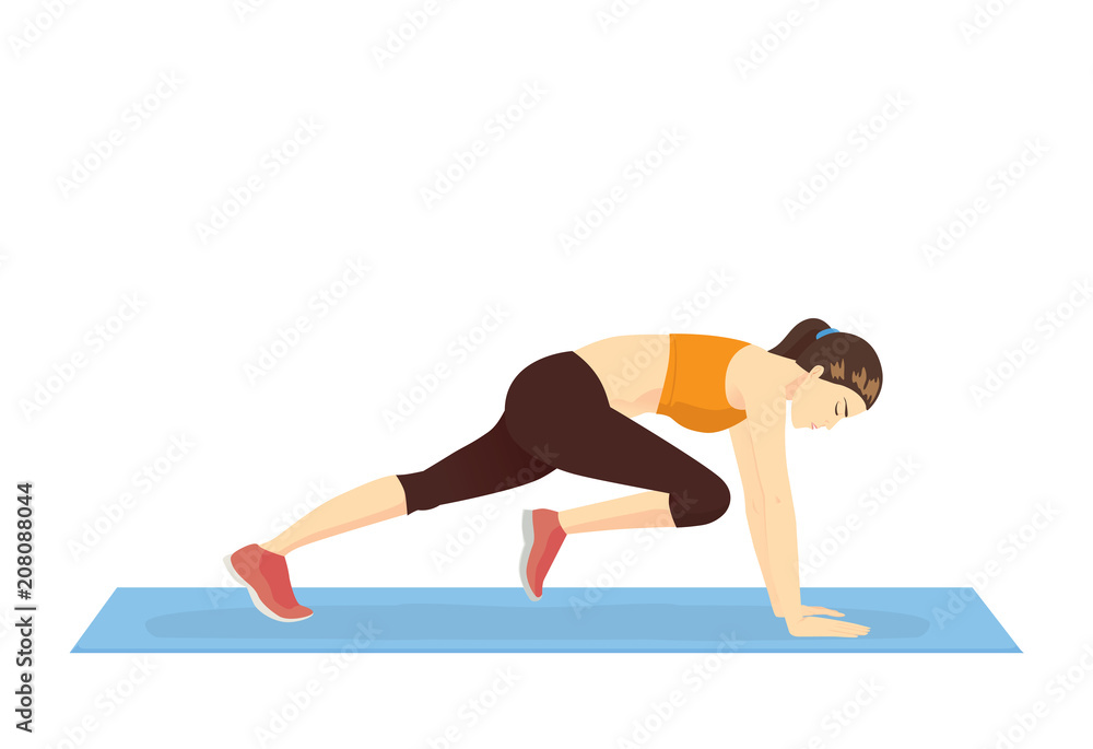 Healthy woman doing the Mountain climber exercise. Illustration about Body weight workout.